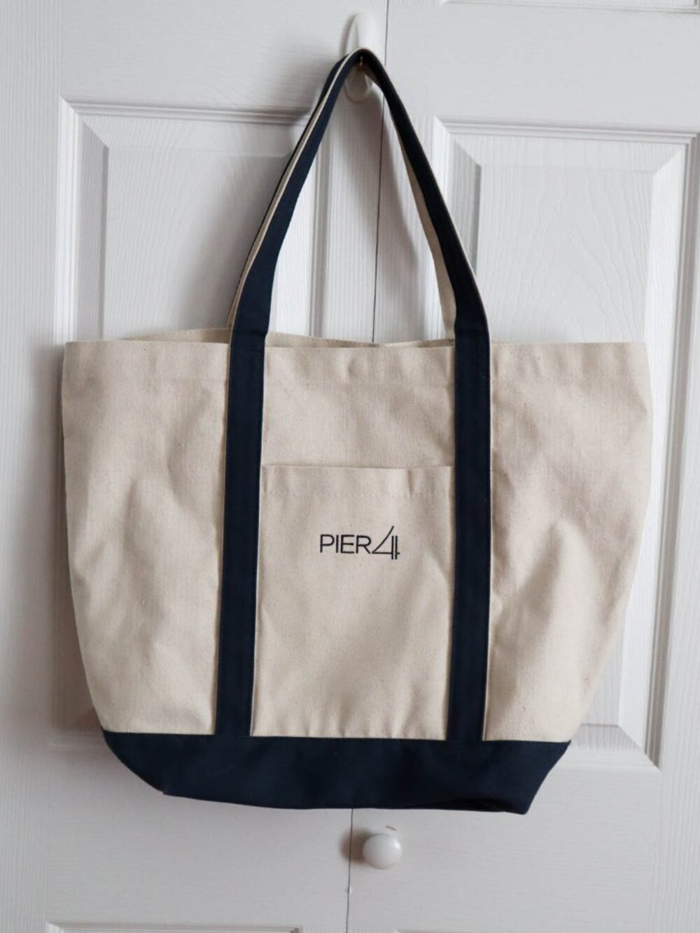 Pier 4 Heavy Cotton Canvas Tote Bag Snap Closure Navy & Beige Nautical Coastal